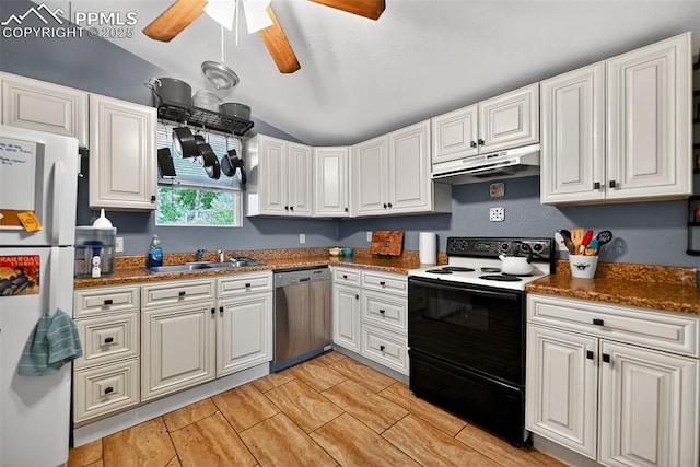 823 N Corona St, Colorado Springs, CO 80903 - kitchen featuring stainless steel dishwasher, freestanding refrigerator, black range with electric stovetop, under cabinet range hood, and vaulted ceiling