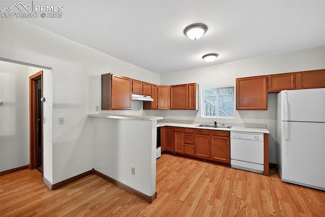 823 N Corona St, Colorado Springs, CO 80903 - kitchen featuring white appliances, light wood-style flooring, light countertops, and brown cabinetry