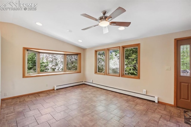 22 Puma Path, Manitou Springs, CO 80829 - unfurnished room with lofted ceiling, healthy amount of natural light, a ceiling fan, recessed lighting, and baseboard heating