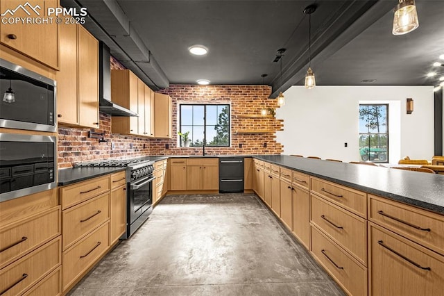 11910 Green Acres Ln, Colorado Springs, CO 80908 - kitchen featuring appliances with stainless steel finishes, wall chimney range hood, plenty of natural light, and concrete floors