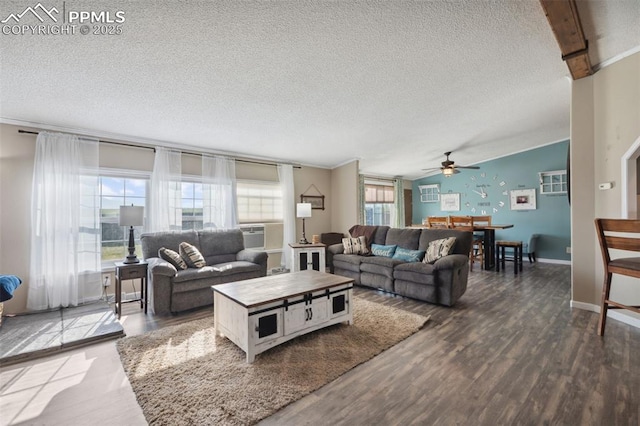 5664 Southfork Dr, Peyton, CO 80831 - living room with a textured ceiling, a ceiling fan, wood finished floors, and lofted ceiling