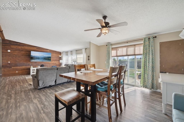 5664 Southfork Dr, Peyton, CO 80831 - dining space with healthy amount of natural light, a textured ceiling, wood walls, wood finished floors, and a ceiling fan