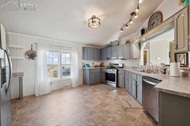5664 Southfork Dr, Peyton, CO 80831 - kitchen featuring stainless steel appliances, gray cabinetry, a textured ceiling, under cabinet range hood, and crown molding
