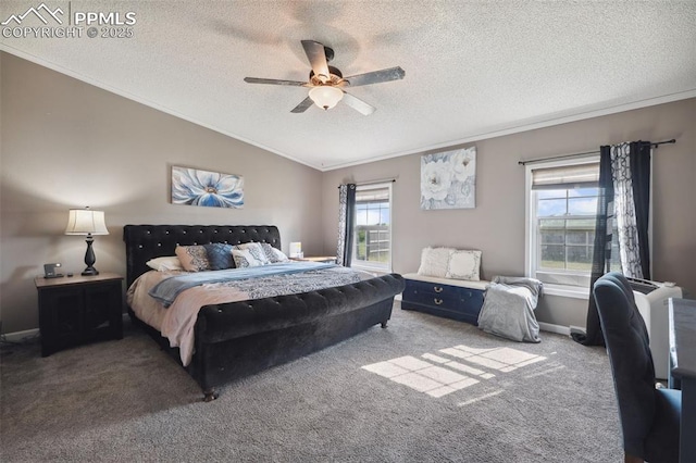 5664 Southfork Dr, Peyton, CO 80831 - carpeted bedroom featuring crown molding, a textured ceiling, vaulted ceiling, and a ceiling fan