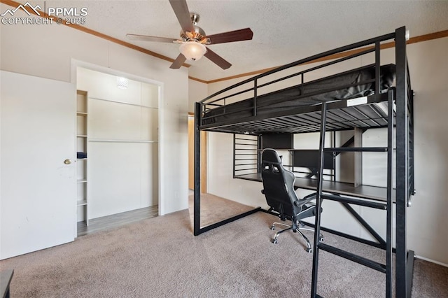 5664 Southfork Dr, Peyton, CO 80831 - bedroom with carpet flooring, an office area, crown molding, and a textured ceiling