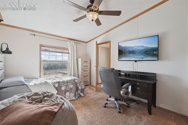 5664 Southfork Dr, Peyton, CO 80831 - bedroom with crown molding, vaulted ceiling, light carpet, a textured ceiling, and ceiling fan