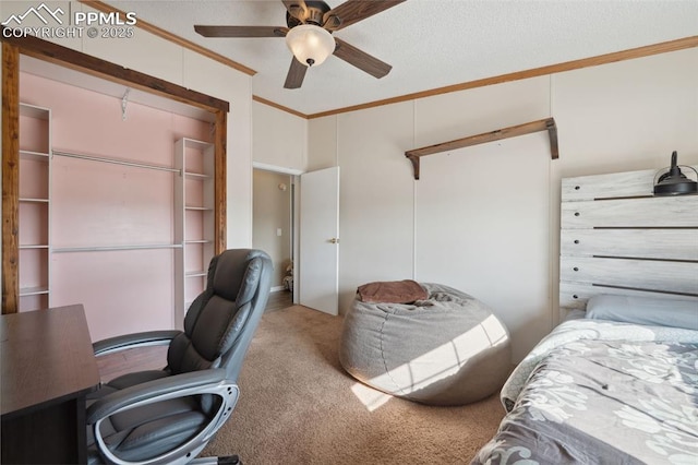 5664 Southfork Dr, Peyton, CO 80831 - bedroom with crown molding, carpet, an office area, and a ceiling fan