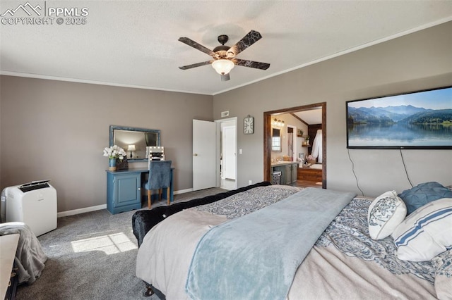 5664 Southfork Dr, Peyton, CO 80831 - bedroom featuring carpet floors, ornamental molding, connected bathroom, and ceiling fan