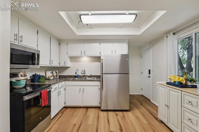 906 Bowser Dr, Colorado Springs, CO 80909 - kitchen featuring appliances with stainless steel finishes, a tray ceiling, light wood-type flooring, and white cabinetry