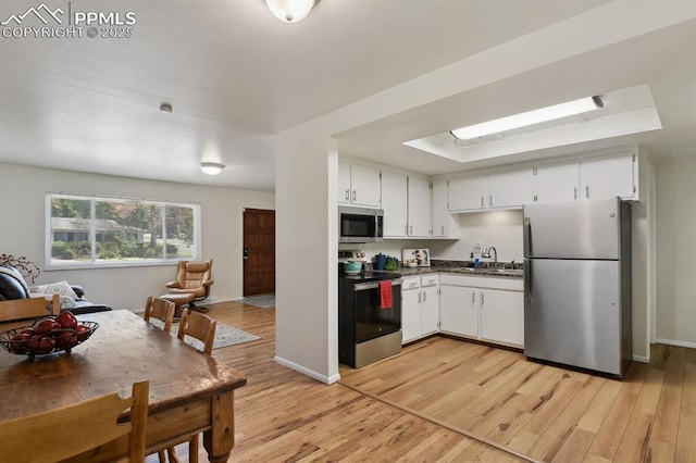 906 Bowser Dr, Colorado Springs, CO 80909 - kitchen with appliances with stainless steel finishes, light wood-type flooring, dark countertops, and white cabinetry