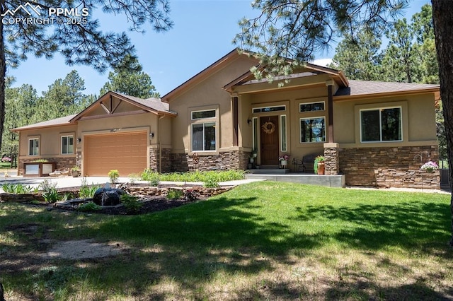15324 Pole Pine Pt, Colorado Springs, CO 80908 - craftsman house featuring stone siding, stucco siding, an attached garage, and a front yard