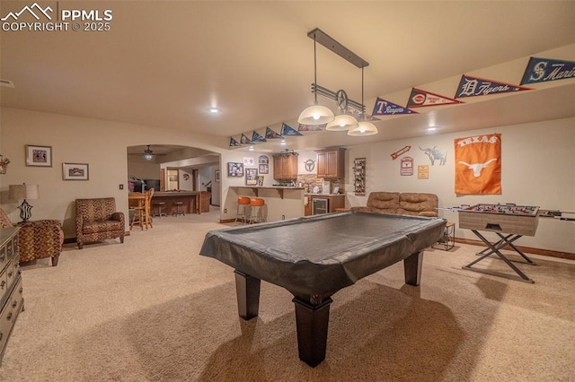 15324 Pole Pine Pt, Colorado Springs, CO 80908 - game room featuring carpet floors, bar, billiards, and a ceiling fan