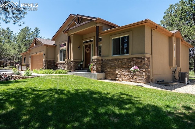 15324 Pole Pine Pt, Colorado Springs, CO 80908 - craftsman-style home featuring stone siding, a garage, stucco siding, and a front lawn