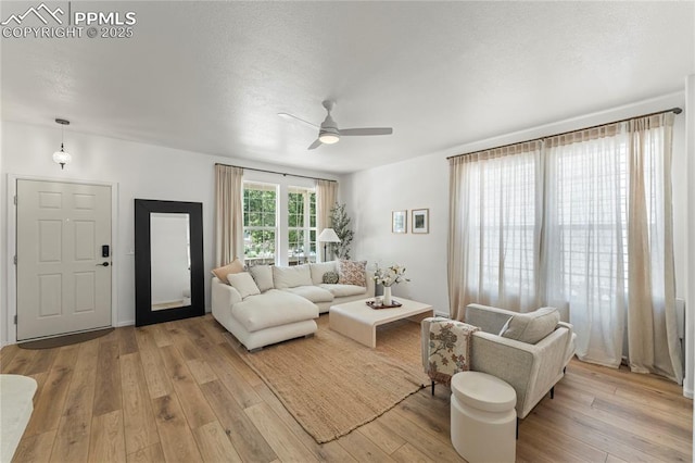 1773 Herd St, Colorado Springs, CO 80910 - living room featuring a ceiling fan, light wood finished floors, and a textured ceiling