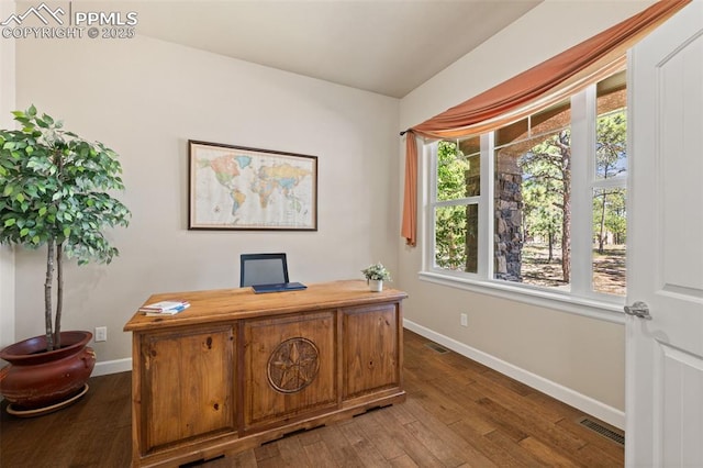 15704 Pole Pine Pt, Colorado Springs, CO 80908 - home office with baseboards and hardwood / wood-style floors