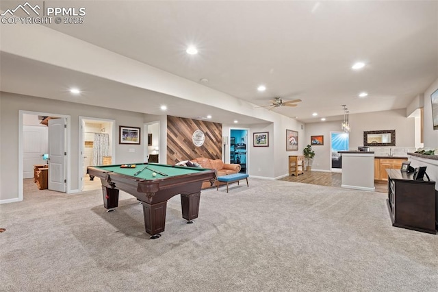 15704 Pole Pine Pt, Colorado Springs, CO 80908 - game room featuring light colored carpet, recessed lighting, billiards, wood walls, and a ceiling fan