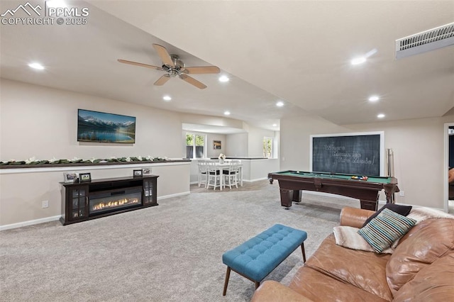 15704 Pole Pine Pt, Colorado Springs, CO 80908 - playroom with billiards table, recessed lighting, ceiling fan, a glass covered fireplace, and carpet floors