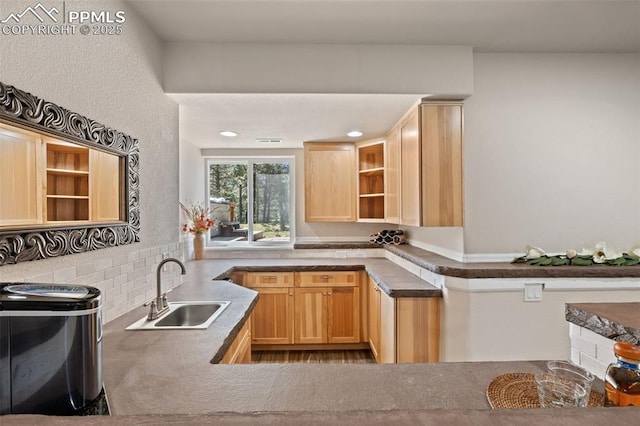 15704 Pole Pine Pt, Colorado Springs, CO 80908 - kitchen with open shelves, light brown cabinets, and decorative backsplash