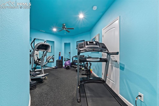 15704 Pole Pine Pt, Colorado Springs, CO 80908 - exercise room featuring a ceiling fan, a textured wall, and recessed lighting