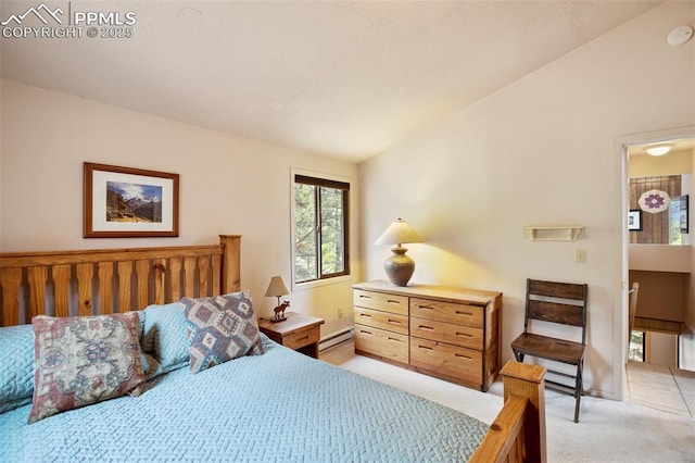 130 Oak Ln, Florissant, CO 80816 - bedroom featuring a baseboard heating unit, vaulted ceiling, and light carpet