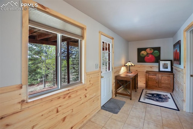 130 Oak Ln, Florissant, CO 80816 - entrance foyer featuring a wainscoted wall, tile patterned flooring, and wood walls