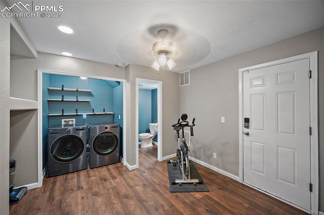 354 Corona Ave, Palmer Lake, CO 80133 - washroom with independent washer and dryer, ceiling fan, dark wood finished floors, and recessed lighting