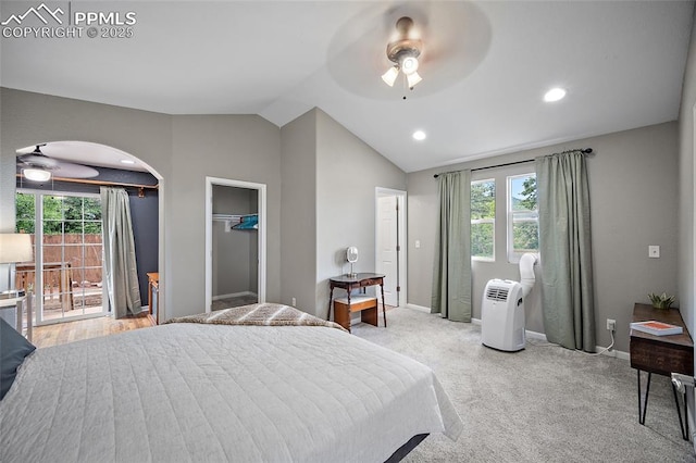 354 Corona Ave, Palmer Lake, CO 80133 - bedroom with vaulted ceiling, multiple windows, ceiling fan, recessed lighting, and light colored carpet