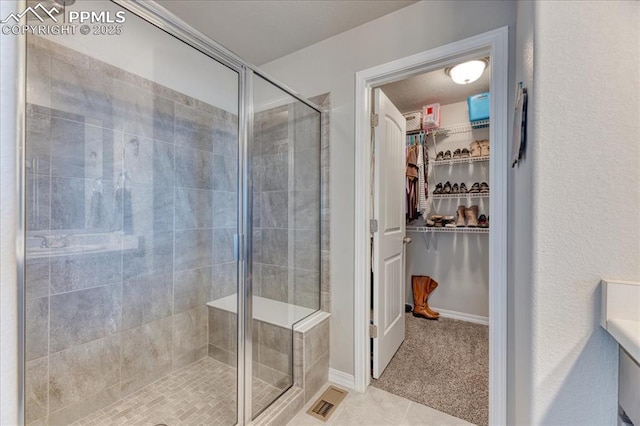 8285 Lodge Grass Way, Colorado Springs, CO 80908 - bathroom with a stall shower, a spacious closet, tile patterned flooring, and vanity