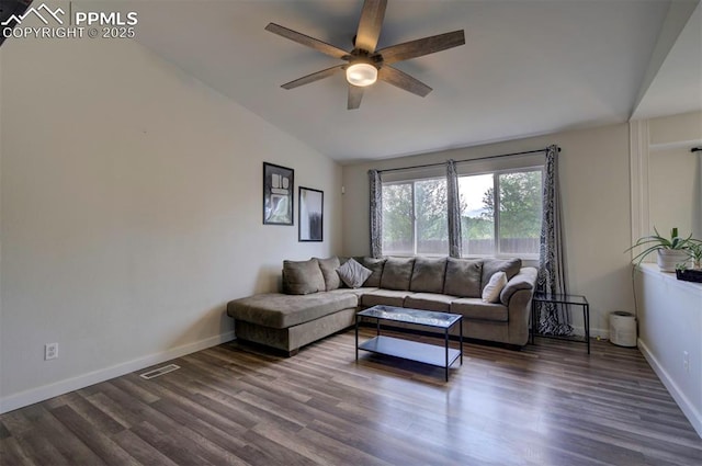 4530 W Jet Wing Cir, Colorado Springs, CO 80916 - living room featuring vaulted ceiling, ceiling fan, and dark wood finished floors