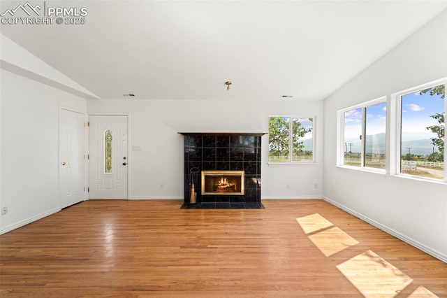 3970 Old Ranch Rd, Colorado Springs, CO 80908 - unfurnished living room with lofted ceiling, light wood-type flooring, and a fireplace