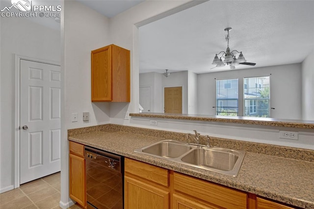 8170 Snow Bowl Hts, Fountain, CO 80817 - kitchen featuring black dishwasher, a chandelier, light tile patterned floors, pendant lighting, and light countertops