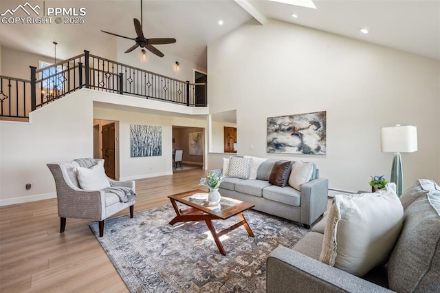 780 Mission Hill Way, Colorado Springs, CO 80921 - living area featuring high vaulted ceiling, light wood-style floors, beam ceiling, a ceiling fan, and recessed lighting