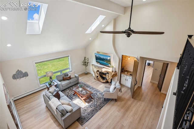 780 Mission Hill Way, Colorado Springs, CO 80921 - living room featuring a skylight, light wood-type flooring, beamed ceiling, ceiling fan, and high vaulted ceiling
