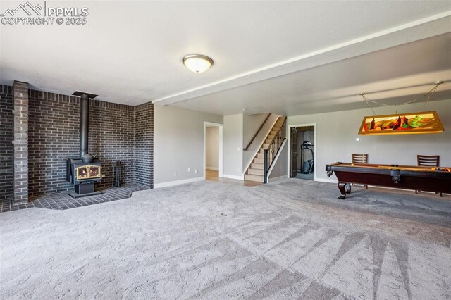 780 Mission Hill Way, Colorado Springs, CO 80921 - game room with carpet flooring, a wood stove, and pool table