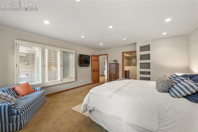 1282 Hill Cir, Colorado Springs, CO 80904 - bedroom with light colored carpet, ornamental molding, recessed lighting, and connected bathroom