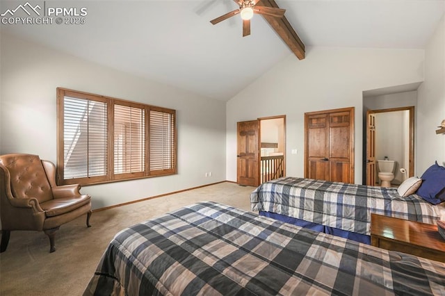 1282 Hill Cir, Colorado Springs, CO 80904 - bedroom with carpet floors, beam ceiling, a ceiling fan, high vaulted ceiling, and ensuite bath