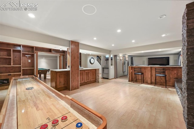 1282 Hill Cir, Colorado Springs, CO 80904 - recreation room with pool table, light wood-style flooring, bar area, and recessed lighting