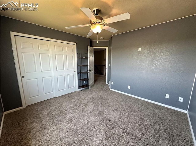 9767 Carnival Ln, Fountain, CO 80817 - unfurnished bedroom featuring carpet flooring, a closet, and ceiling fan