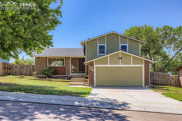 7025 Nettlewood Pl, Colorado Springs, CO 80918 - split level home with driveway, a garage, and brick siding