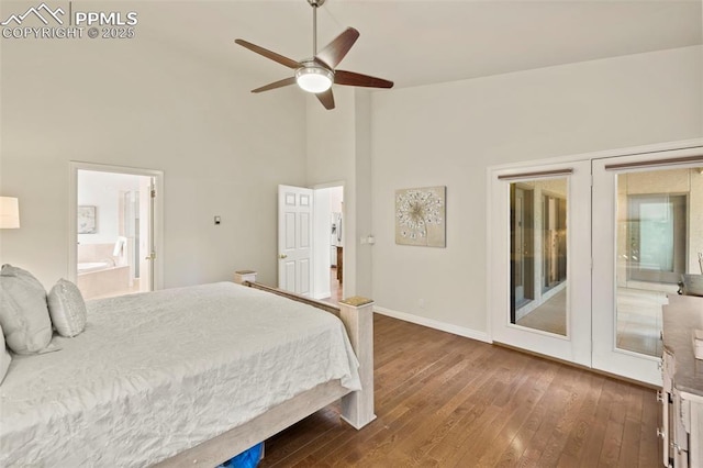 10 Desert Inn Way, Colorado Springs, CO 80921 - bedroom featuring high vaulted ceiling, hardwood / wood-style flooring, access to outside, ensuite bath, and a ceiling fan