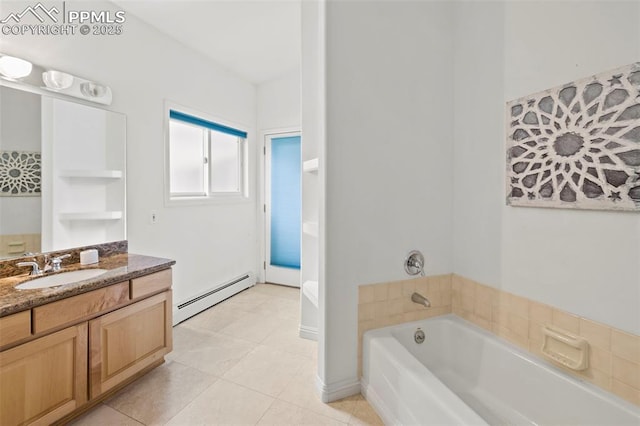 10 Desert Inn Way, Colorado Springs, CO 80921 - full bath featuring a baseboard radiator, vanity, a bath, and tile patterned flooring