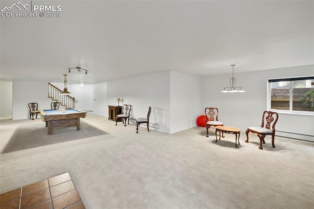 10 Desert Inn Way, Colorado Springs, CO 80921 - rec room with carpet flooring, pool table, and a baseboard heating unit