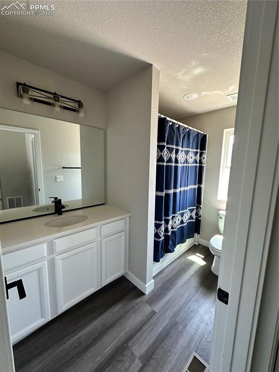 11489 Piping Plover Pl, Colorado Springs, CO 80925 - bathroom with vanity, a textured ceiling, wood finished floors, and curtained shower