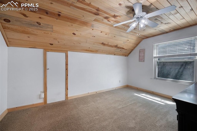 1112 W 4th St, Florence, CO 81226 - additional living space featuring wood ceiling, lofted ceiling, carpet floors, and ceiling fan