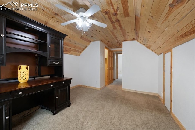 1112 W 4th St, Florence, CO 81226 - unfurnished office featuring wood ceiling, light carpet, vaulted ceiling, and a ceiling fan