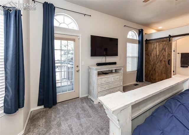 7145 Appletree Loop, Colorado Springs, CO 80925 - bedroom with carpet flooring, access to exterior, and a barn door