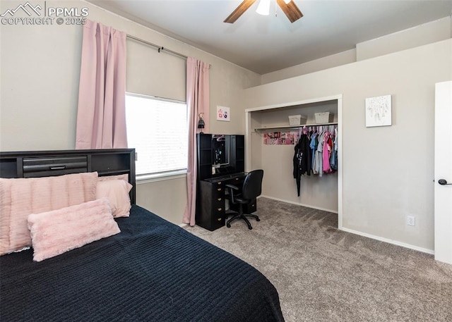 7145 Appletree Loop, Colorado Springs, CO 80925 - bedroom with carpet floors, a closet, and ceiling fan