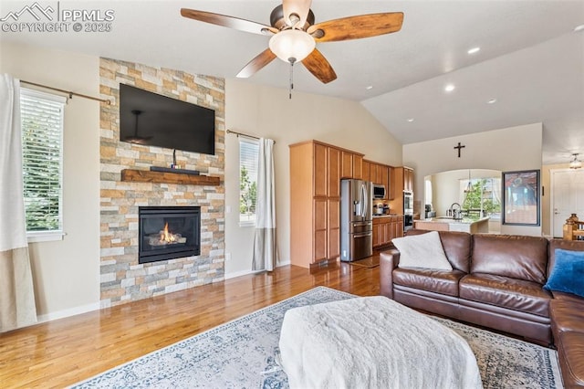 6107 Adamants Dr, Colorado Springs, CO 80924 - living area with a ceiling fan, dark wood-type flooring, healthy amount of natural light, lofted ceiling, and recessed lighting