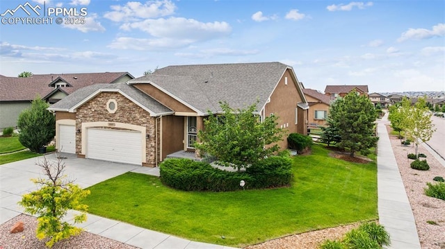 6107 Adamants Dr, Colorado Springs, CO 80924 - view of front facade featuring a front yard, a garage, concrete driveway, a residential view, and roof with shingles