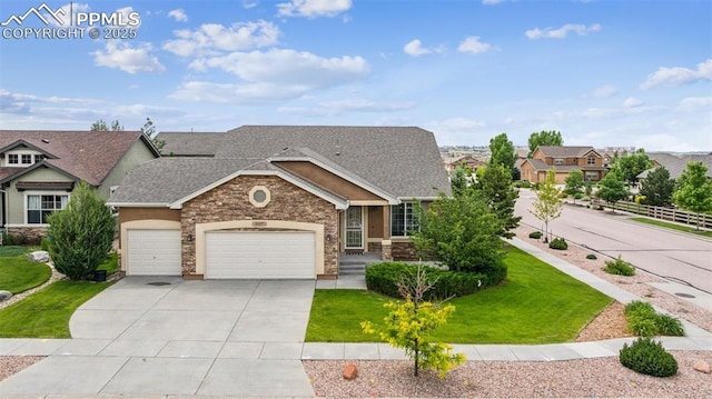 6107 Adamants Dr, Colorado Springs, CO 80924 - view of front of property with a garage, concrete driveway, roof with shingles, stone siding, and a residential view